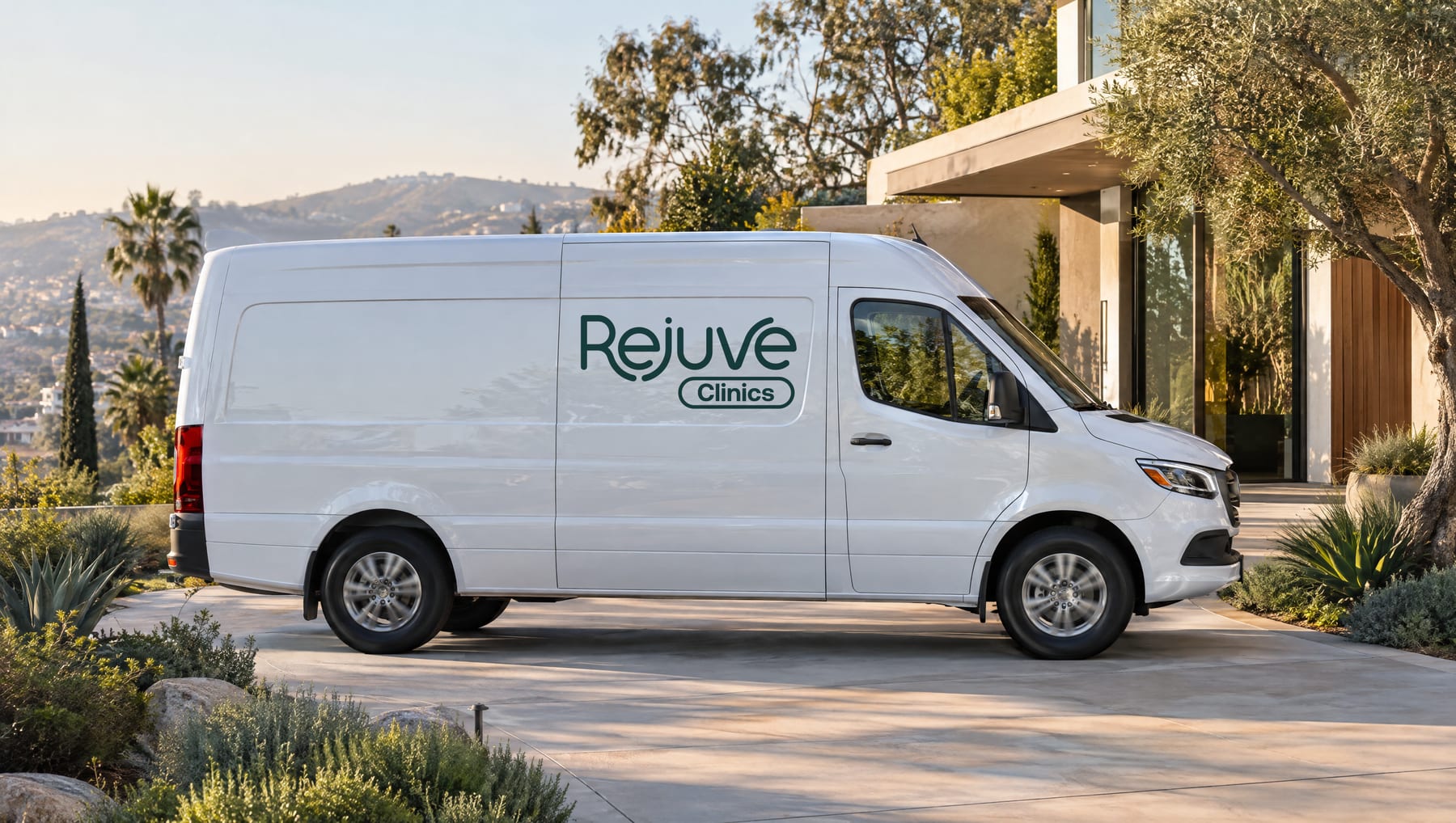 A Rejuve Clinics van parked outside a patient's home